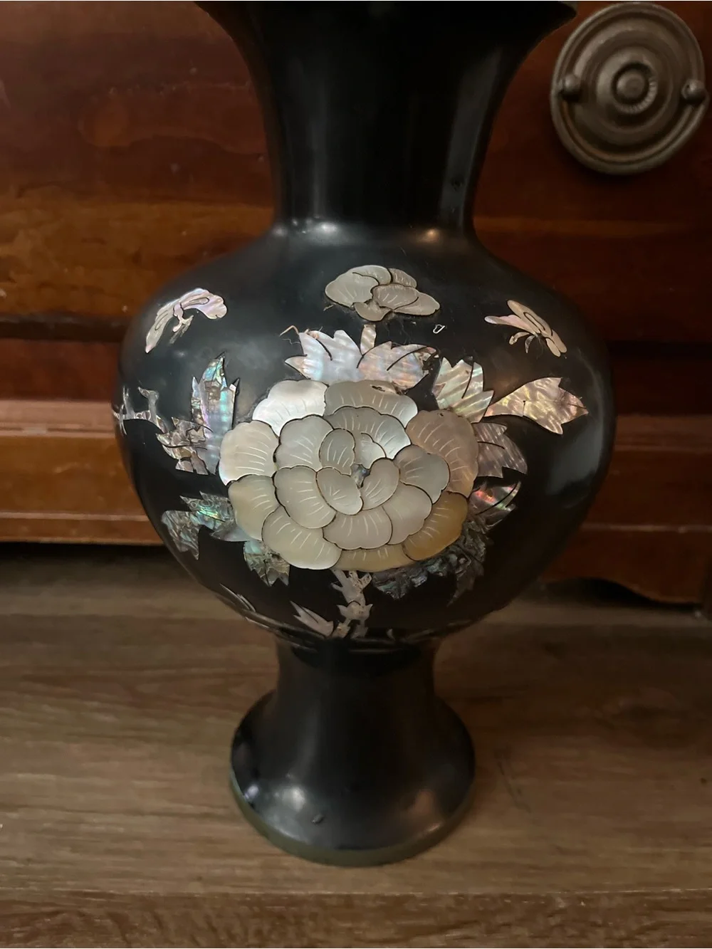 Iridescent Mother-of-Pearl Floral Black Accent Vase brass inside
